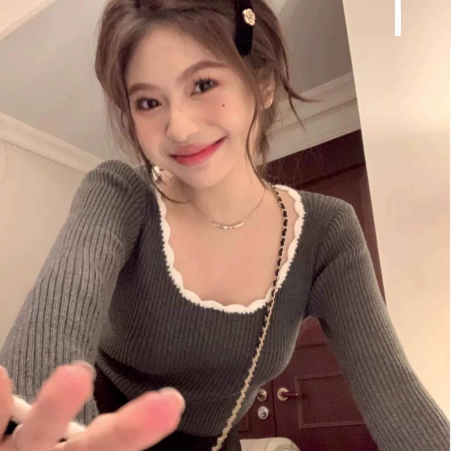 极速撞色花边miu系针织衫秋冬修身方领高级感打底毛衣女时髦内搭