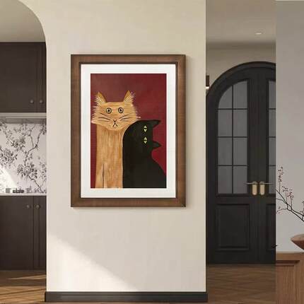《橘猫与黑猫》法式复古猫咪手绘油画可爱趣味玄关装饰画中古挂画