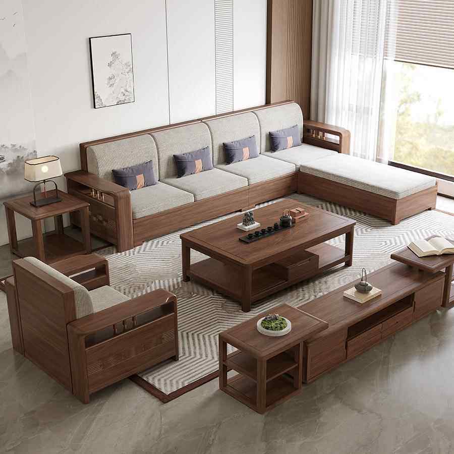 新中式胡桃木实木沙发大组XW20#合贵现代简约妃户布艺储物小型客