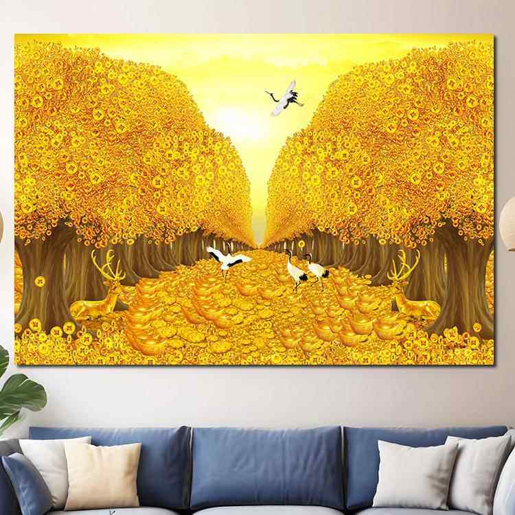 黄金满地壁画摇钱聚财自粘沙发背景装饰画发财树风水墙贴大道壁画