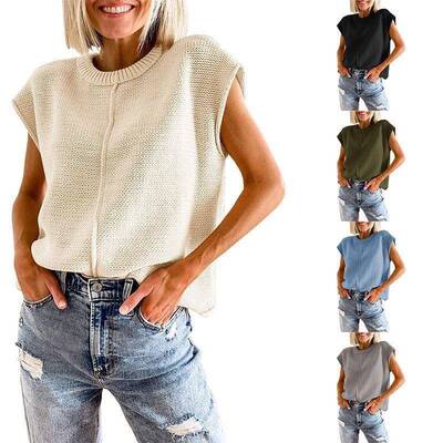 Women Summer Cap Sleeve Tops Casual Crew Neck Knit