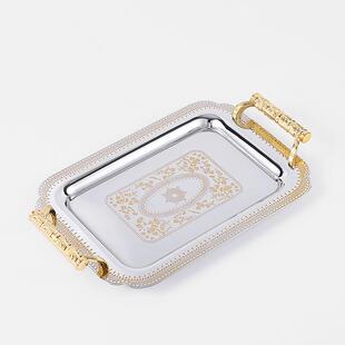 花纹长方形水果盘不锈钢金色把手餐厅端菜盘自助餐酒店收纳盘 欧式