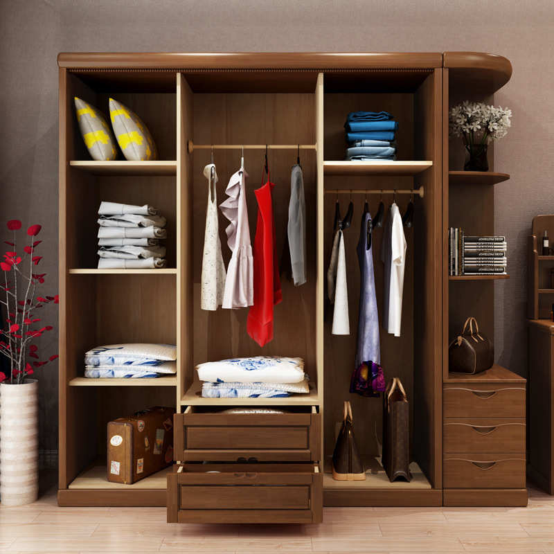 批发实木推拉门移门衣柜卧室柜子简约现代中式经济型4门衣橱组合