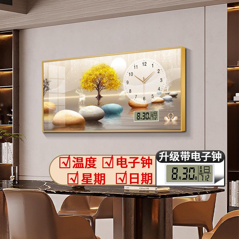 餐厅装饰画电子钟麋鹿现代钟表挂画客厅家用时尚挂画带时钟万年历图片