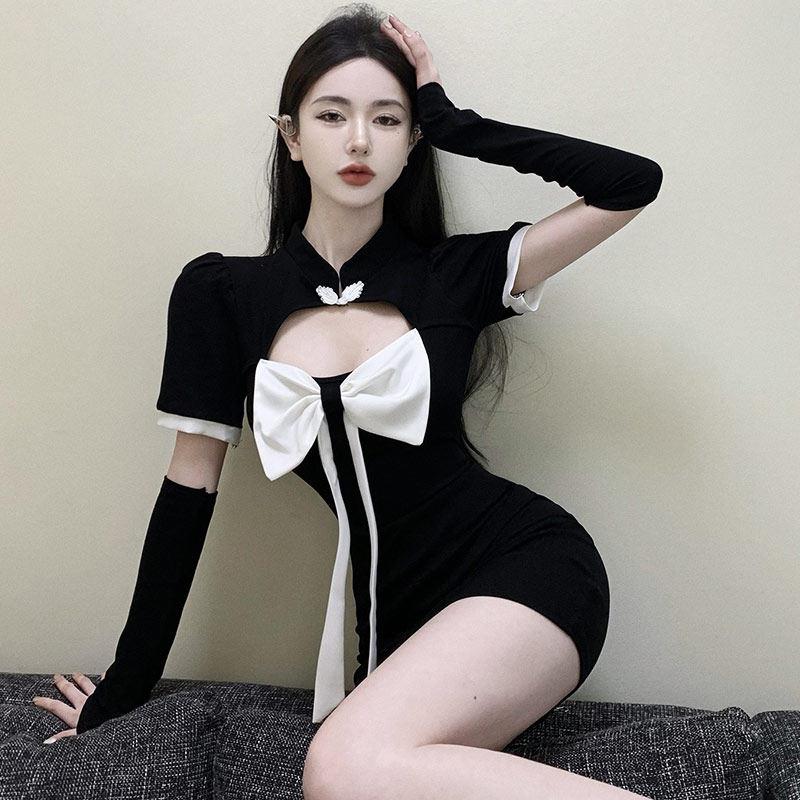 直播衣服女舞蹈主播服装纯欲风年轻款少女性感镂空改良旗袍洋装