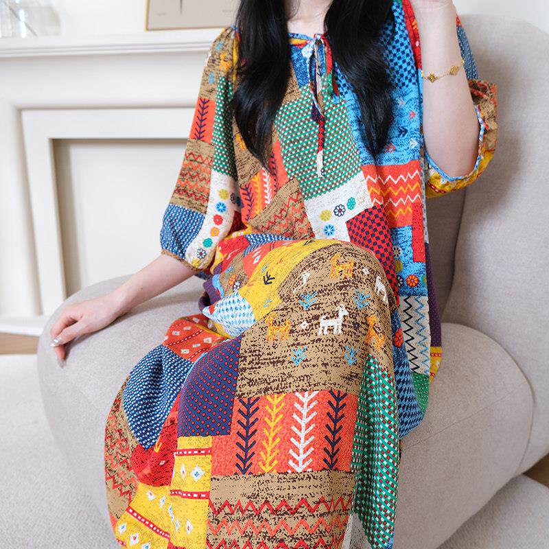2025新款新中式国风棉稠睡裙女春夏季薄款家居服洋装棉绸裙夏天