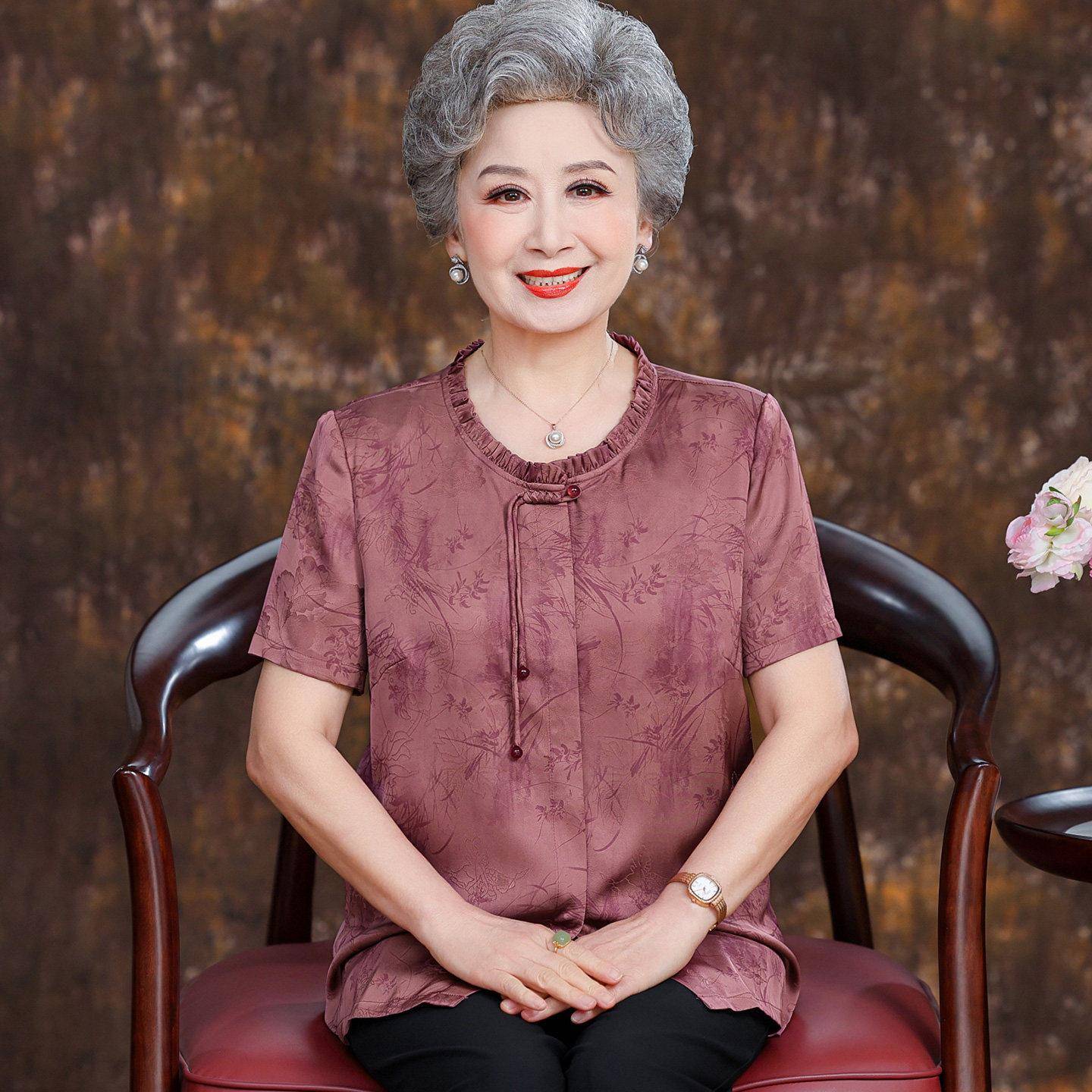 国风中老年人衬衫女短袖夏装桑蚕丝100%套装奶奶真丝圆领上衣薄款