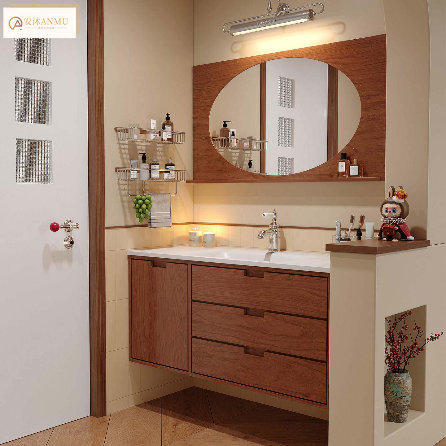 中古风岩板热弯一体盆胡桃色木质边框镜浴室柜组合洗漱台卫浴定制