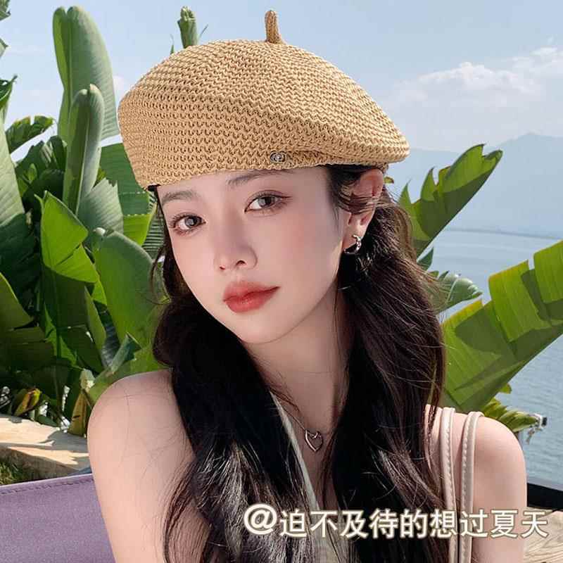 2024新款贝雷帽子女夏季透气薄款镂空蓓蕾帽百搭日系画家帽显脸小