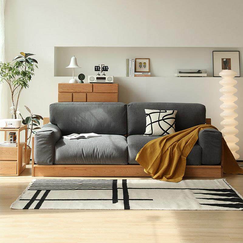 北欧樱桃木实木沙发三人位组合灯芯绒布艺日式小户型客厅简约复古