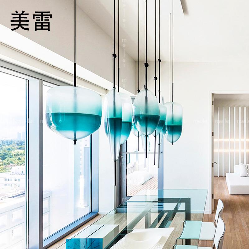 新款蓝色吧台吊灯单头创意个性餐厅三头灯现代简约玻璃餐桌小吊灯