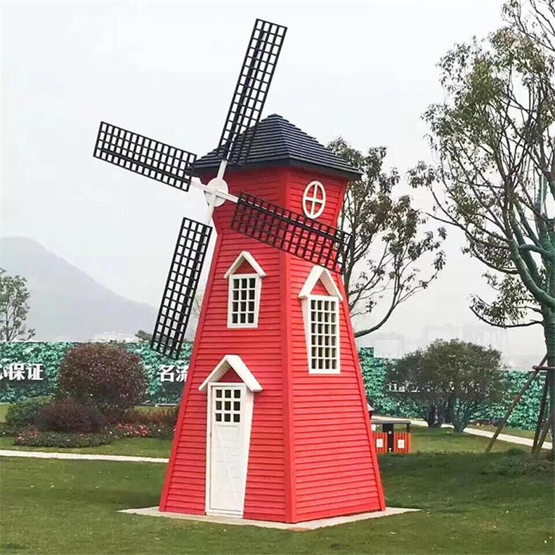 田园可旋转荷兰风车美陈 尺寸制作花海景观园林大型防腐木摆件装