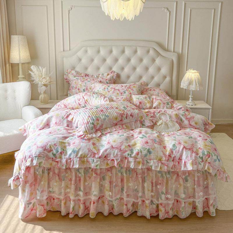 全棉蕾丝花边印花床笠裙四件套四季可用公主风纯棉被套床裙四件套