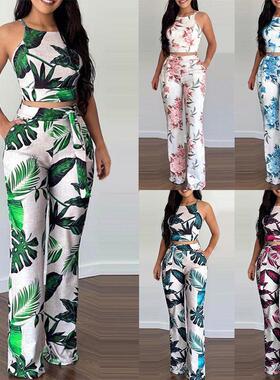 Two short printed vest high waisted wide leg pants women's