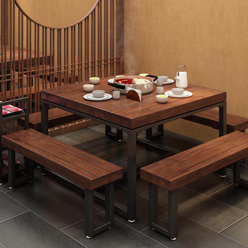新中式实木火锅店电磁炉一体餐桌方桌串串烤肉店餐馆多人桌椅组合