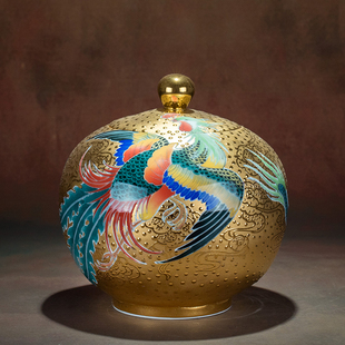 龙凤呈祥真黄金密封茶叶罐肖建辉原创手绘储茶罐中式装饰家居摆件