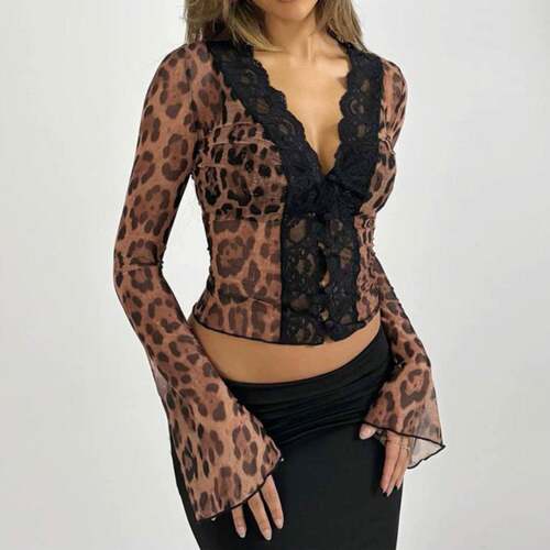 Womens Floral Pattern Sheer Mesh Crop Top Casual Scallop