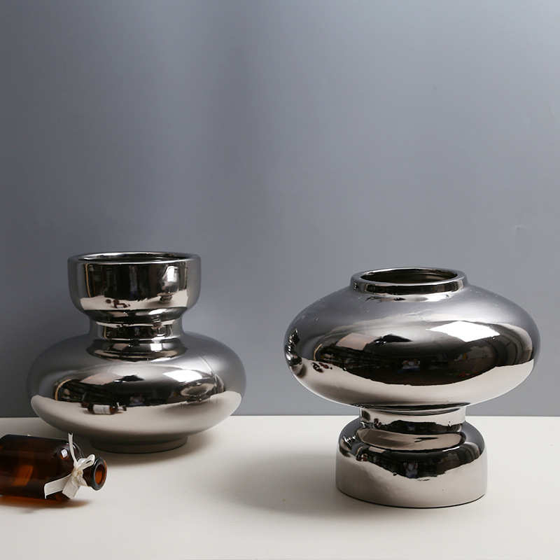 现代简约电镀银色花器轻奢陶瓷花瓶餐桌茶几插花样板间客厅摆件