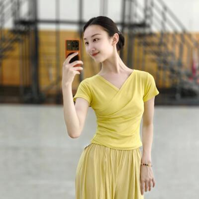 V领短袖练功服现代舞集训服古典舞身韵考级服修身螺纹瑜伽服