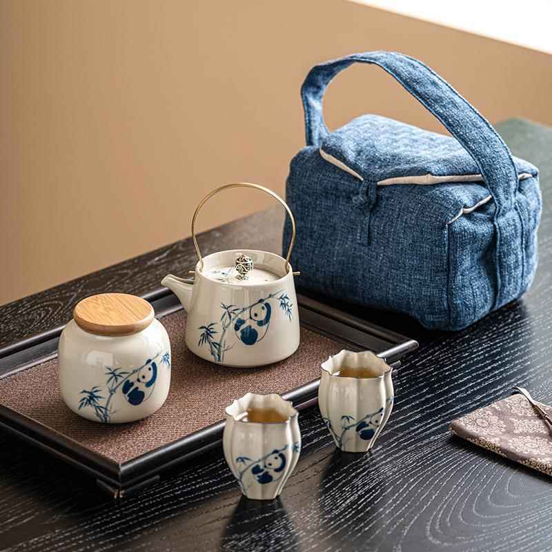 手绘熊猫旅行茶具套装便携式户外露营两人泡茶装备快客杯一壶二杯
