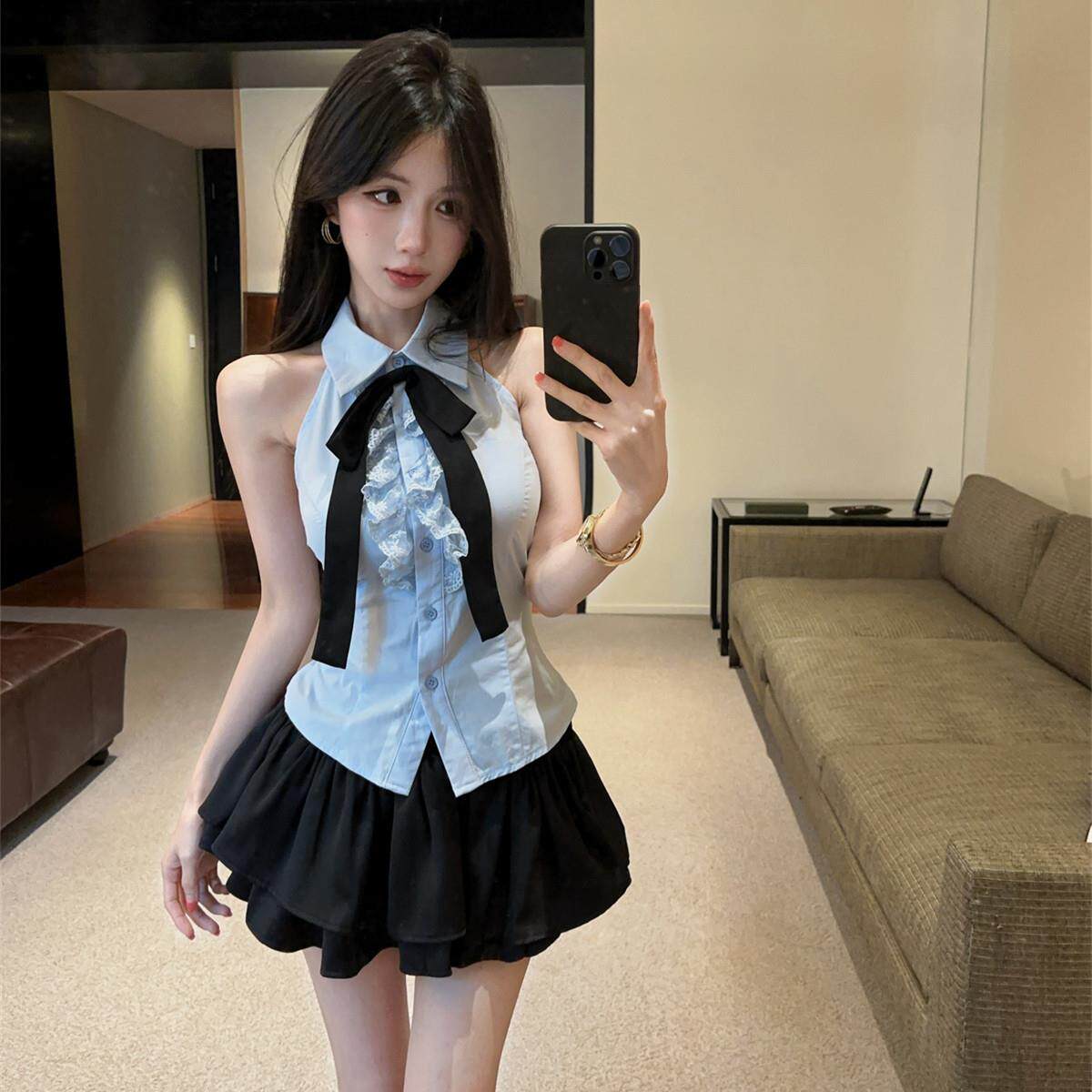 夏季新款学院风套装性感露背纯欲无袖领带衬衫女高腰蓬蓬短裤裙