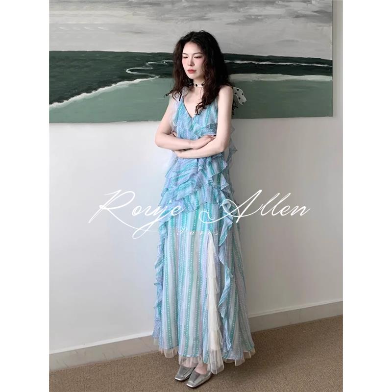 法国Rouje Allen印花不规则荷叶边吊带连衣裙女飘带海边度假长裙