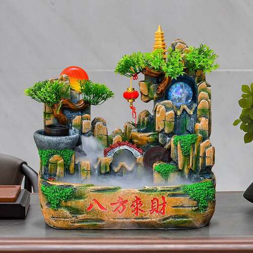 流水摆件八方来财假山办公书桌家居水循环28cm风水轮招财流水摆件