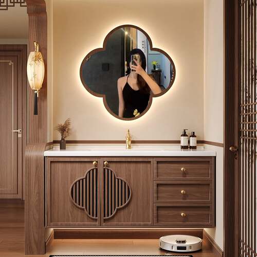 宋式美学浴室柜组合中古风橡木一体陶瓷盆梅花镜洗手台洗脸盆定制