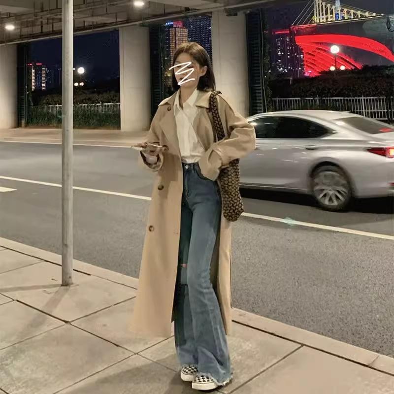 韩系卡其色风衣外套女高级感2025春秋新款英伦风小个子中长款大衣