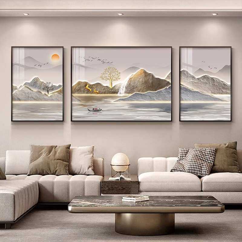 客厅轻现代背景高端山水画奢沙发简约画三联画挂画装饰画墙壁大气,家居饰品,现代装饰画,淘宝优惠券,粉丝福利购,淘宝优惠卷