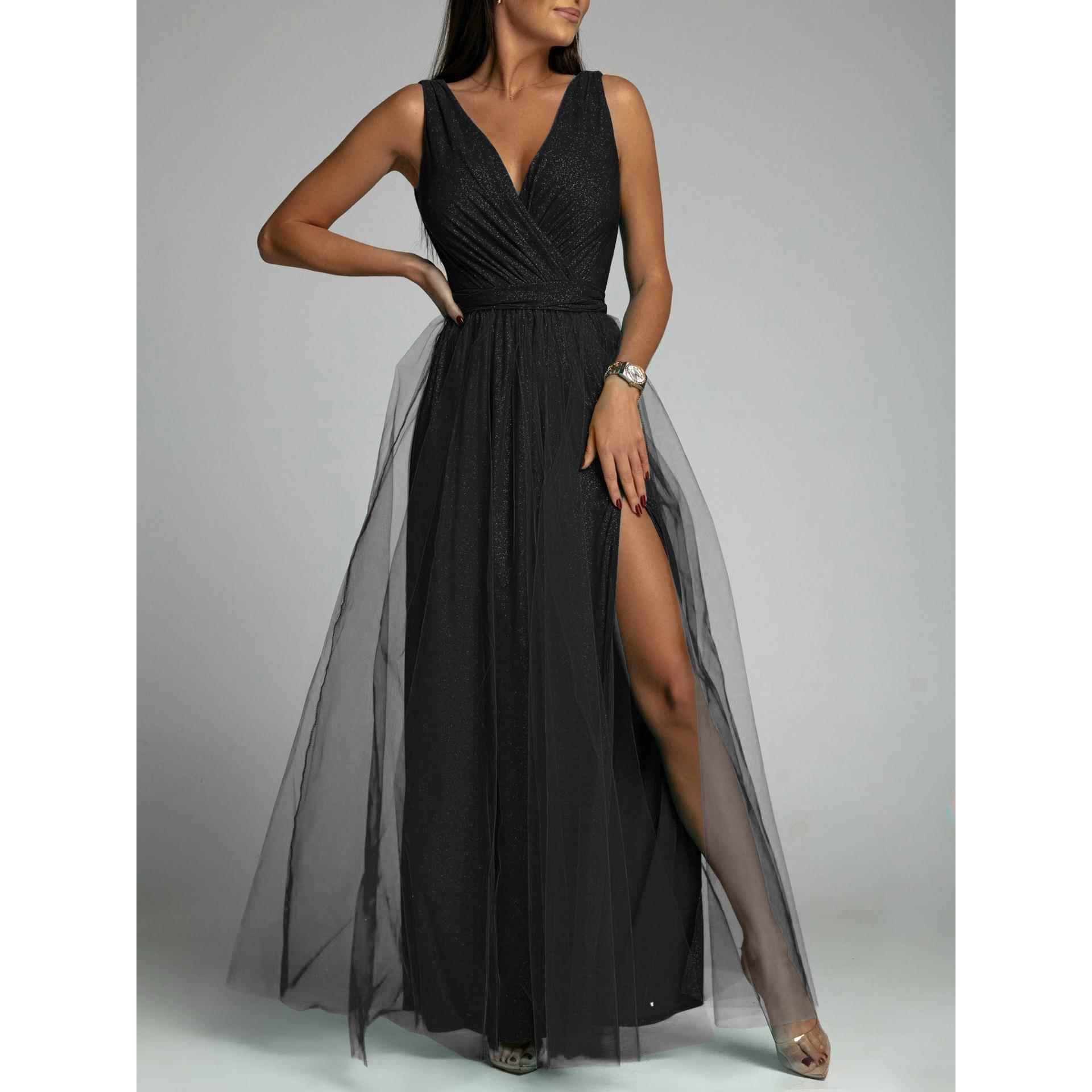 V-neck sexy high waist solid color sparkly dress long skirt
