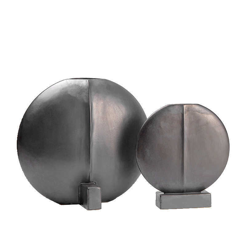 新款侘寂风陶瓷花瓶 样板间复古做旧日式摆件 黑色圆扁形花器简约,特色手工艺,其他特色工艺品,淘宝优惠券,粉丝福利购,淘宝优惠卷