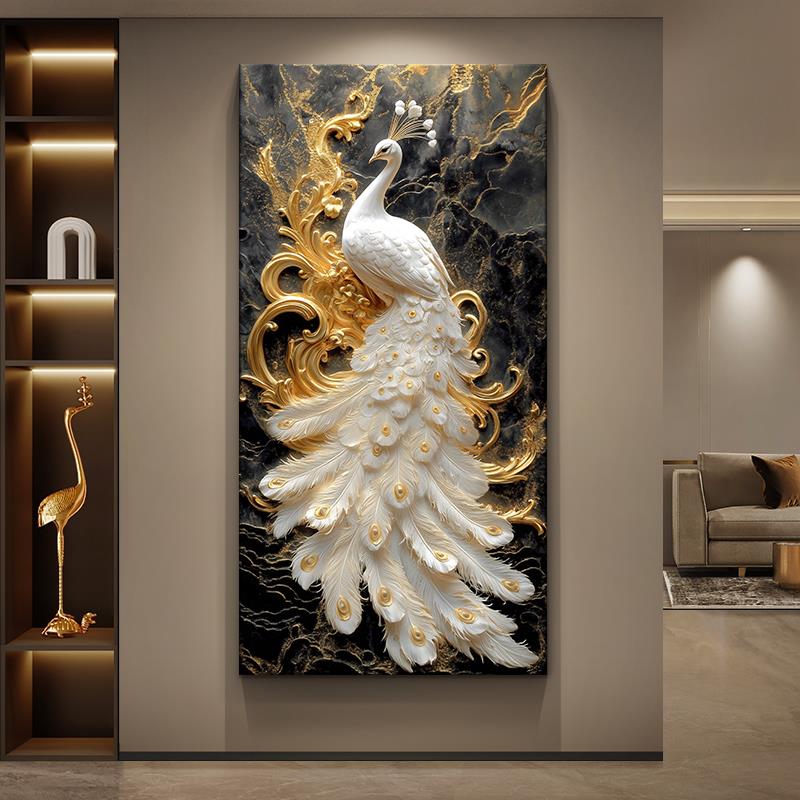 孔雀玄关装饰画轻奢大气过道走廊尽头挂画高级感立体浮雕入户壁画图片