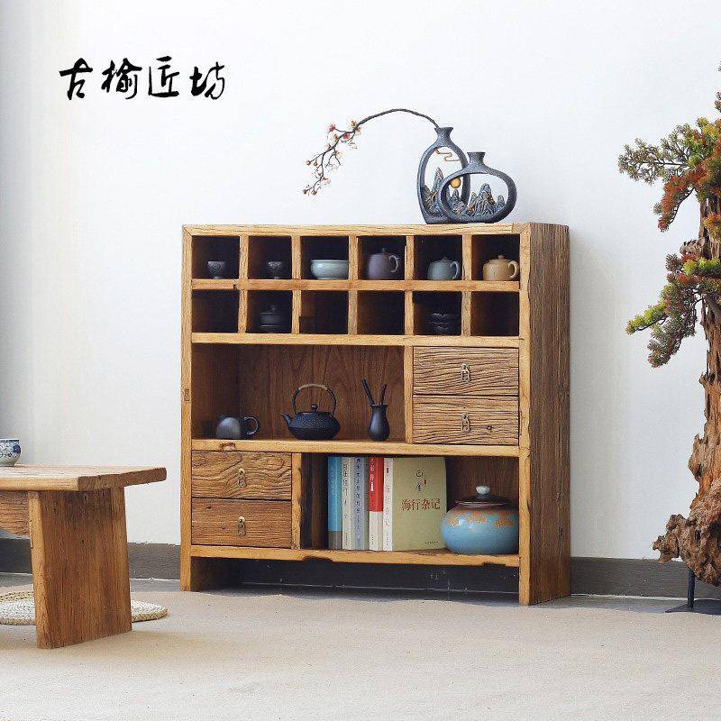 老榆木茶水柜实木复古多宝阁置物架原木餐边柜新中式收纳柜定制