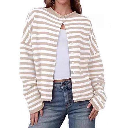 Womens Striped Cardigan Casual Long Sleeve Open Front Button