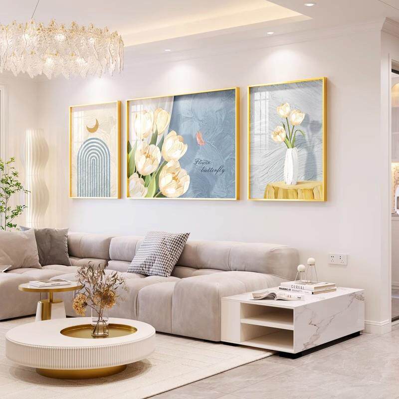 奶油风客厅装饰画花卉郁金香三联画壁画简约沙发卧室背景墙壁挂画