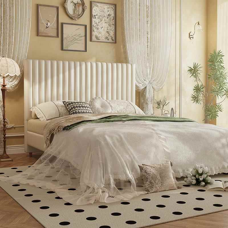 我家儿女奶油风法式真皮床白色主卧双人床实木1米5软包高箱落地床