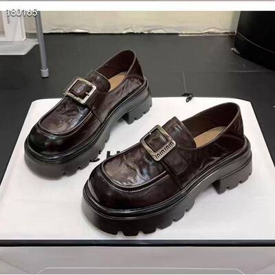 跨境厚底粗跟真皮乐福鞋女鞋新款英伦风一字扣一脚蹬小皮鞋单鞋女