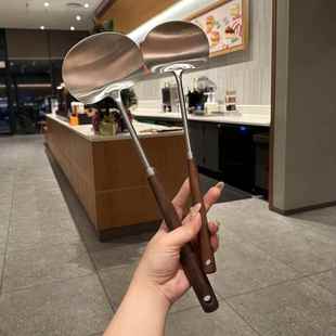 蘑菇铲不锈钢铲子长柄炒菜勺家用厨房迷你小号锅铲木柄把铁铲煎铲