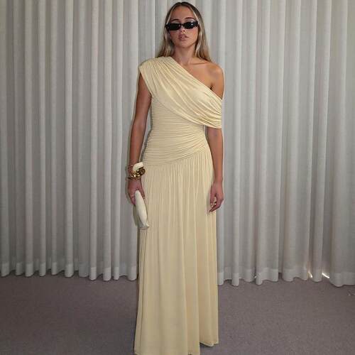 Off-Shoulder Ruched Waist Slim Fit Long Dress