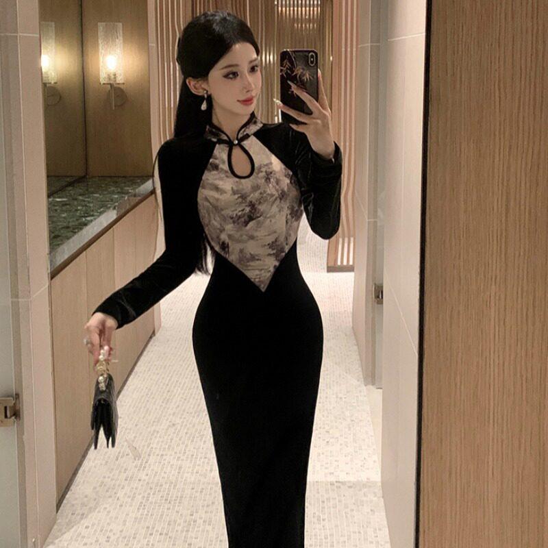 旗袍晚礼服女2024新款高级感秋冬宴会长裙长袖年轻款新中式连衣裙