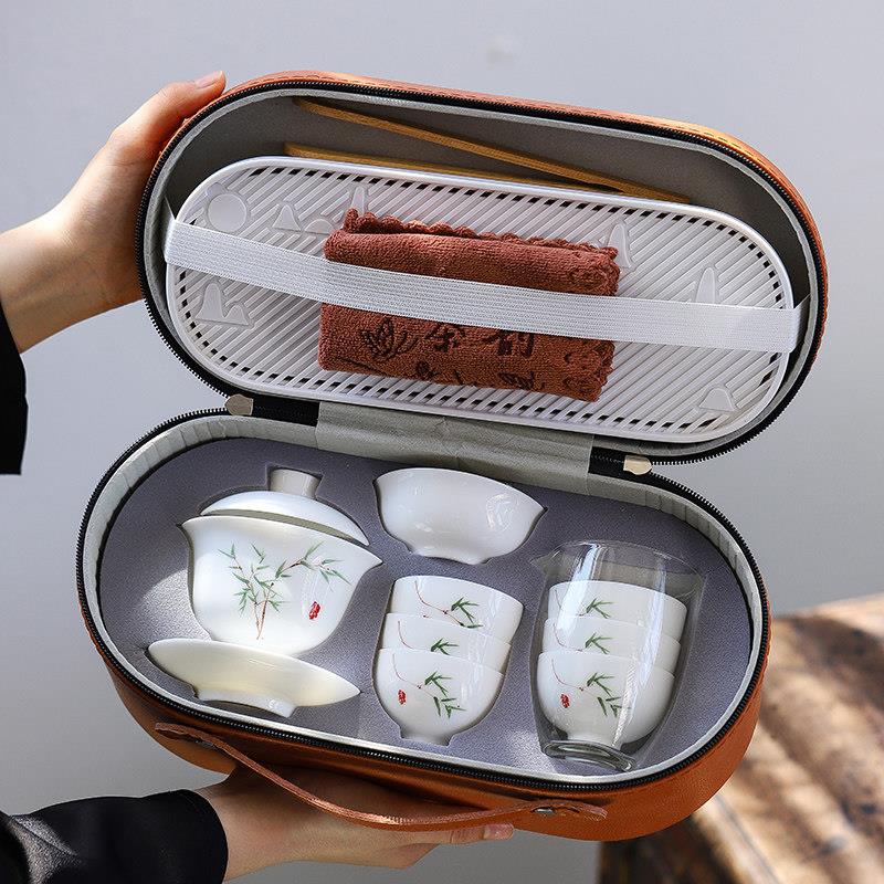 可携式旅行功夫茶具套组陶瓷家用盖碗茶杯小套简约收纳快客杯定制