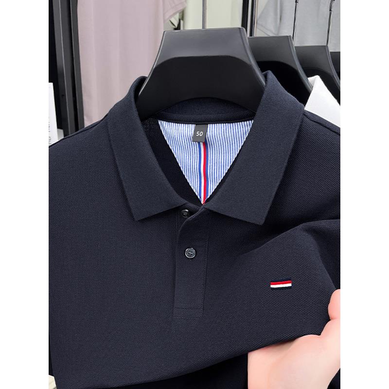 100%纯棉长袖t恤男式翻领2025春秋季新款中年纯色Polo衫上底衬衫