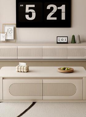 奶油风电视柜茶几组合客厅2025新款家用小户型简约白色实木落地柜