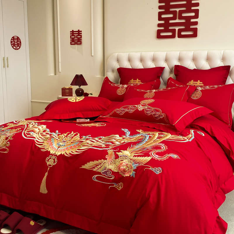 奢华高档大红色婚庆喜被结婚四件套刺绣被套陪嫁送礼床单床上用品