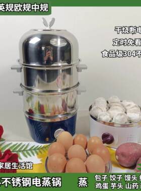 110V220V电蒸锅蒸蛋器机定时干烧断电304不锈钢双层早餐机美英规