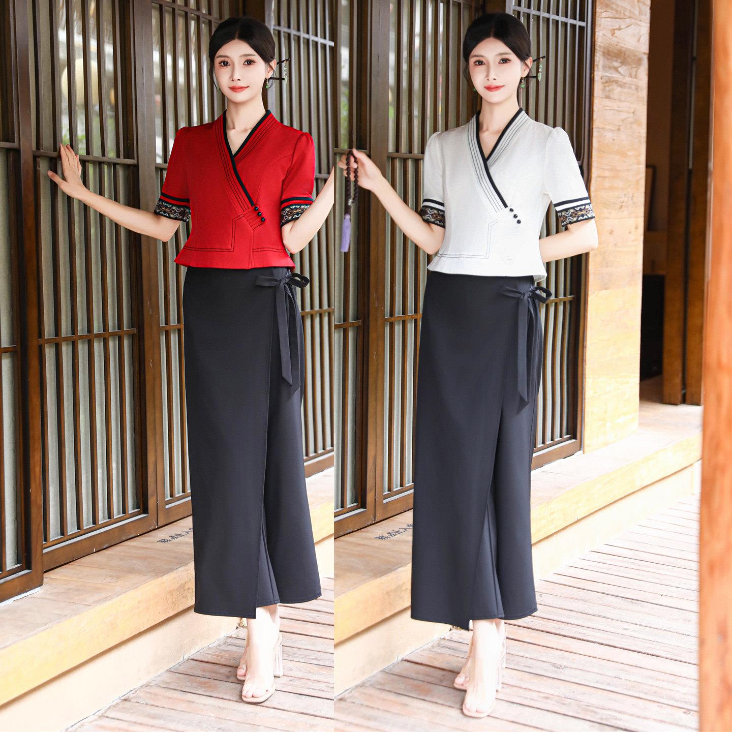 民族风茶艺师衣服气质养生采耳师工作服裙裤套装女工装足浴技师服