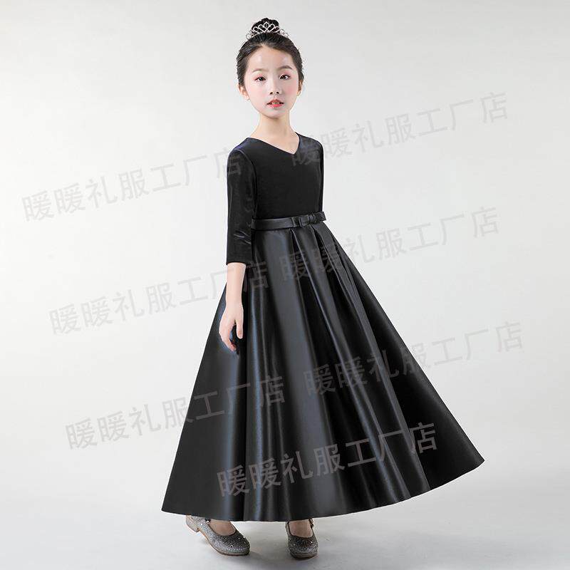 正品学黑色长女大袖童晚服礼服生钢琴小提琴合唱演出春夏乐团弹力