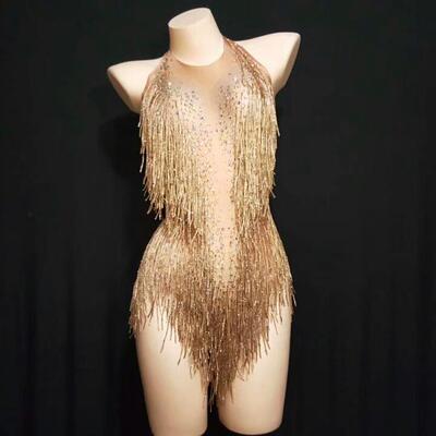 Sparkly Rhinestones Fringes Bodysuit Women Nightclub Outfit