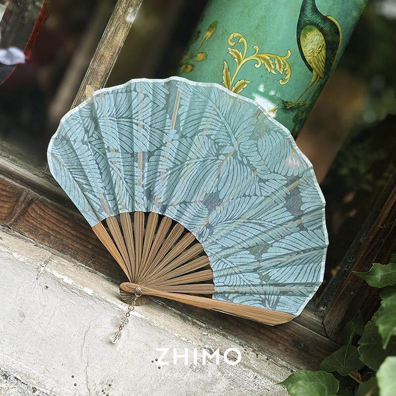芷墨原创质感植绒大刀扇淑女小众简约扇子夏季古风折扇半透树叶